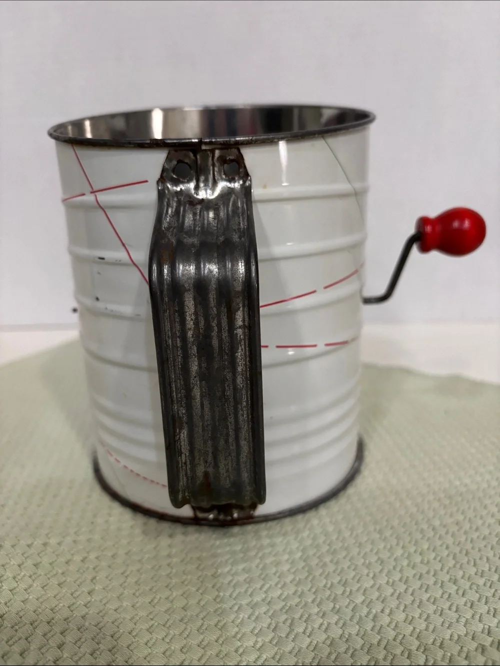 Vintage Hand Crank Flour Sifter - White with Red Accents